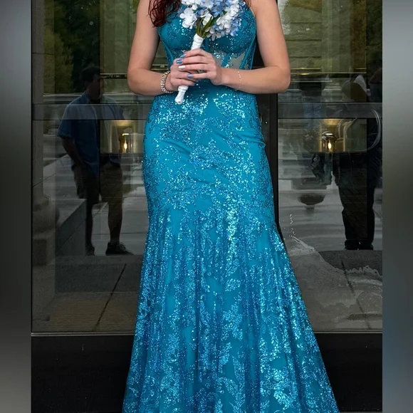 BLUE SPARKLY CORSET TOP CROSS BODY TIE IN THE BACK PRINCESS PROM DRESS